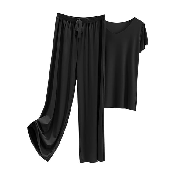 ZSQDM Womens Pajamas Set Womens Daily Family Clothes Short Sleeve Tops Pants Shirt Trousers Set Black XXXXL