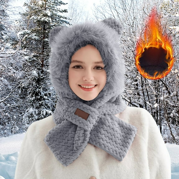 ZSQDM Cute Ears 2 In 1 Hat and Scarf Integrated Ear Windproof Cap Scarf Winter Hat Scarf Set for Women Women beanie Lift Hard Hat Scarf ,Hat,& Gloves Caps