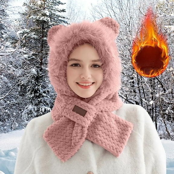 ZSQDM Cute Ears 2 In 1 Hat and Scarf Integrated Ear Windproof Cap Scarf Winter Hat Scarf Set for Women beanies Womens Hat Scarf ,Hat,& Gloves Shot Bottles with Caps