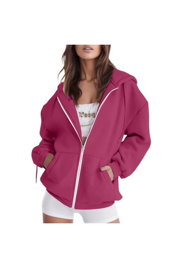 ZSQDM Fleece Zip Up Hoodie Zip Up Hoodies For Womens Solid Color Loose Fit Cropped Sweatshirts Casual Fashion Long Sleeve Pullover Tops Hot Pink Women'S Polyester Hoodie (S)