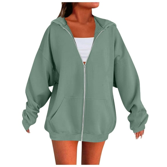ZSQDM Full Zip Hoodie Zip Up Hoodies For Womens Solid Color Loose Fit Cropped Sweatshirts Casual Fashion Long Sleeve Pullover Tops Mint Green Women Polyester Sweatshirt (Xxl)