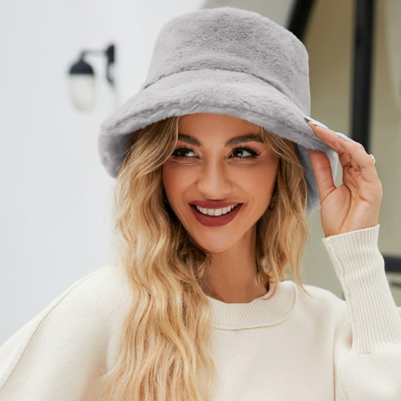 ZSQDM Fuzzy Bucket Hat for Women Faux Superficial Knowledge Bucket Hat Fluffy Warm Soft Winter Fisherman Cap Furry Sun Hat beanie Gulf of America Hat Bucket Hats Skull Caps