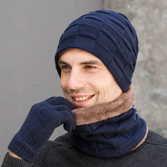 ZSQDM Men's Winter Knitted Fleece Windproof Hat Scarf Gloves Three-Piece Winter Knitted Hat Men's Warm Hat beanie Cowboy Hat Bomber Hats Swim Caps for Women