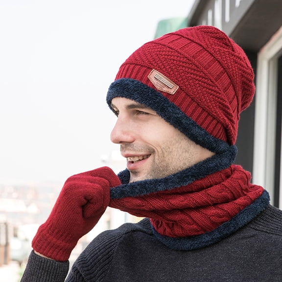ZSQDM Men's Winter Knitted Fleece Windproof Hat Scarf Gloves Three-Piece Winter Knitted Hat Men's Warm Hat beanie Lift Hard Hat Bomber Hats Pencil Cap Erasers