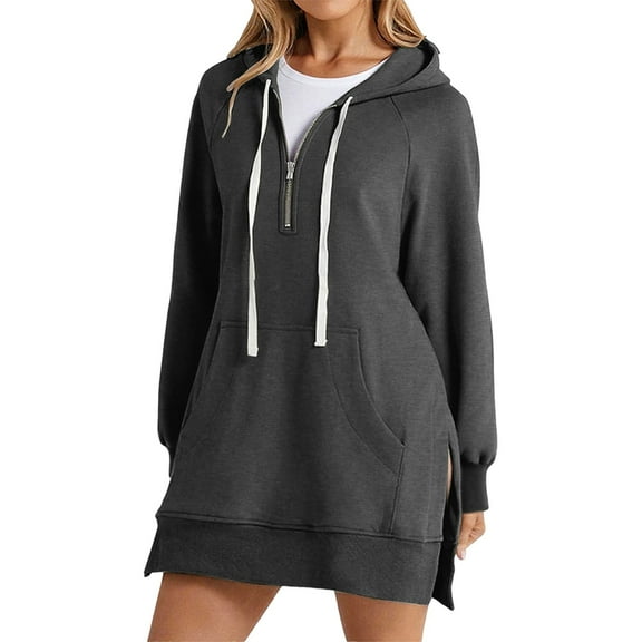 ZSQDM Solid Warm Zipper Hoodie Sweatshirt Pullover Long Sleeve Pocket Sweatshirt Tops Grey Women Blending Sweatshirt (S)
