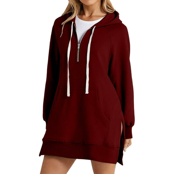 ZSQDM Solid Warm Zipper Hoodie Sweatshirt Pullover Long Sleeve Pocket Sweatshirt Tops Wine Women Blending Sweatshirt (S)