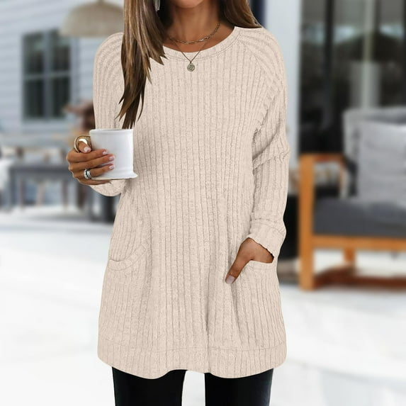 ZSQDM Spf Hoodie Women Long Sleeve Shirts for Women Casual Tunic Tops Loose Fit Rib Knit Lightweight Long Sweater Crew Neck Pullover with Pockets Lounge(M)