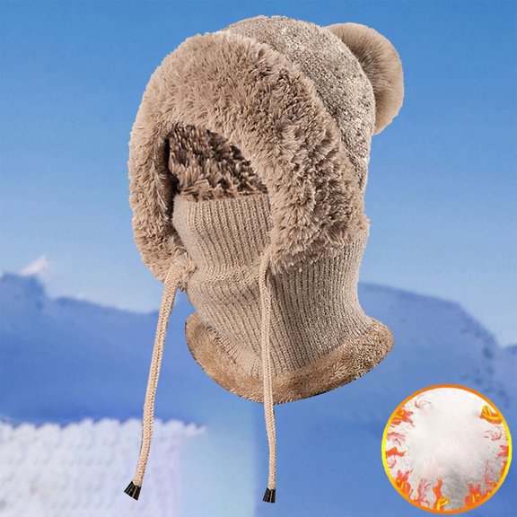 ZSQDM Winter Velvet Knitted Woolen Hat Women's Ear Hat Scarf Integrated Warm Hood beanie Lift Hard Hat Bomber Hats Theraice Migraine Relief Cap