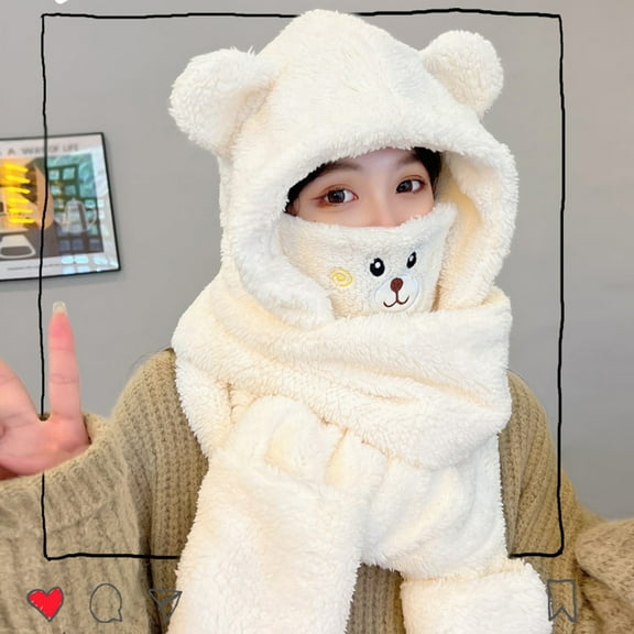 ZSQDM Women Four In One Hooded Cap Earflap Hat Long Scarf Gloves Shield Windproof Hat Ski Riding Set Winter Plush Earflap Hat Scarf Pocket Gloves Set bear Themed Set beanie for Women Sun Hat Hats Hat