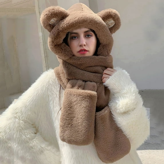 ZSQDM Women Woolen Three In One Hooded Cap Earflap Hat Long Scarf Gloves Set Winter Plush Earflap Hat Scarf Pocket Gloves Set Windproof bear Themed Set beanies Hat Cleaner Hats Baseball Cap Women