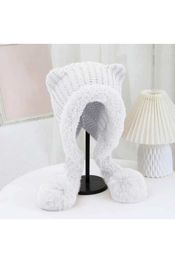 ZSQDM Women's Autumn and Winter Cat Ear Double Tail Knitted Hat Windproof Warm Fashionable and Cute Woolen Hat Women beanie beach Hat Bomber Hats Welding Cap