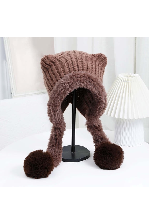 ZSQDM Women's Autumn and Winter Cat Ear Double Tail Knitted Hat Windproof Warm Fashionable and Cute Woolen Hat beanie Golf Hats Men Bomber Hats Womens Baseball Caps
