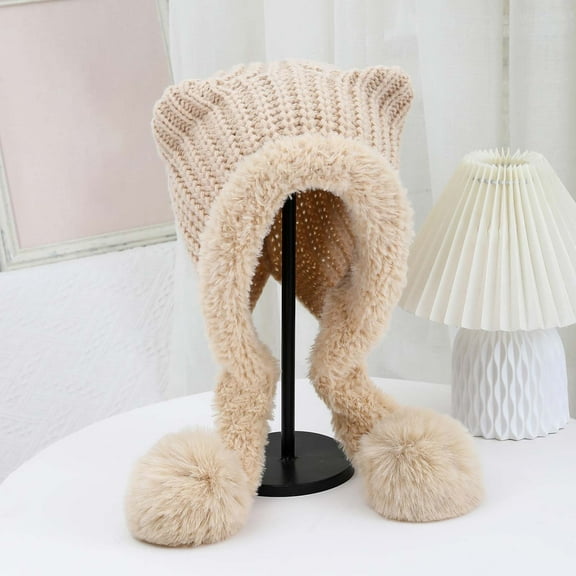 ZSQDM Women's Autumn and Winter Cat Ear Double Tail Knitted Hat Windproof Warm Fashionable and Cute Woolen Hat beanies Visor Hats for Women Bomber Hats Gas Cap
