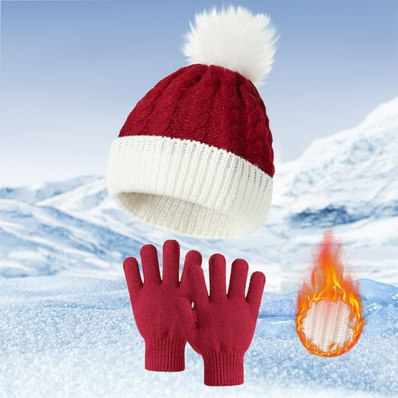 ZSQDM Women's Daily Routine Hairball Knitted Hat Christmas Hat Hat Gloves Two Piece Set Women beanie Fishing Hat Scarf ,Hat,& Gloves Shower Caps