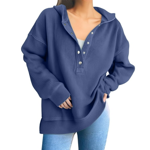 ZSQDM Women's Hoodies Sweatshirts Womens Trendy Shirts Casual Loose Soft Sweatshirt Fall Tops Womens Fashion 2025 Oversized Hoodie Button Down V Neck Sweatshirt Side Slit Casual Tops Fiber L)