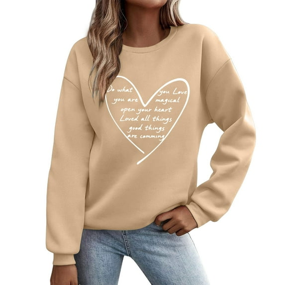 ZSQDM Women's Hoodless Sweatshirt Adidas Hoodie Women Women's Sweatshirt with Print Crew Neck Pullover with Heart Motif and Letter Print Polyester Women Blending Sweatshirt (L)