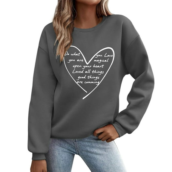 ZSQDM Women's Hoodless Sweatshirt Long Hoodies for Women Women's Sweatshirt with Print Crew Neck Pullover with Heart Motif and Letter Print Polyester Women Blending Sweatshirt (S)