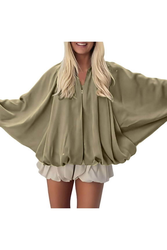 ZSQDM Women's Puffed Jacket Oversized Streetwear Casual Batwing Sleeve Lapel Collar Zip Front Pleated Shirts Cream Cardigan for Women Basic Sweaters Top Outfits Cardigan Sweaters for Women（L）