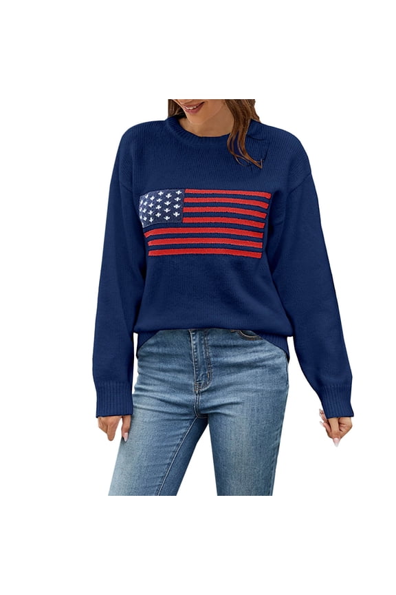 ZSQDM Women's Pullover Sweater Grey Zip Up Hoodie Women American Flag Sweater for Women Striped Star Sweaters Usa Sweatshirt Patriotic Knitted Loose Pullover Top Knit Women Blending Shirts(S)