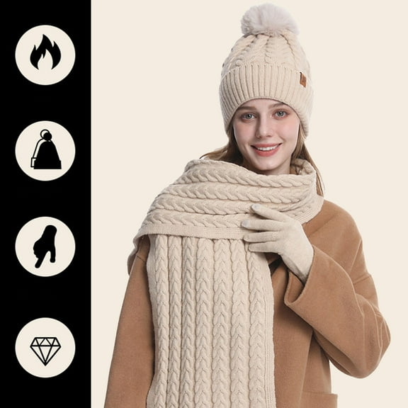 ZSQDM Women's Winter Solid Color Warm Cycling Ear Knitted Hat Scarf Glove 3 Piece Set beanie Hard Hats for Men Scarf ,Hat,& Gloves Swim Caps for Women