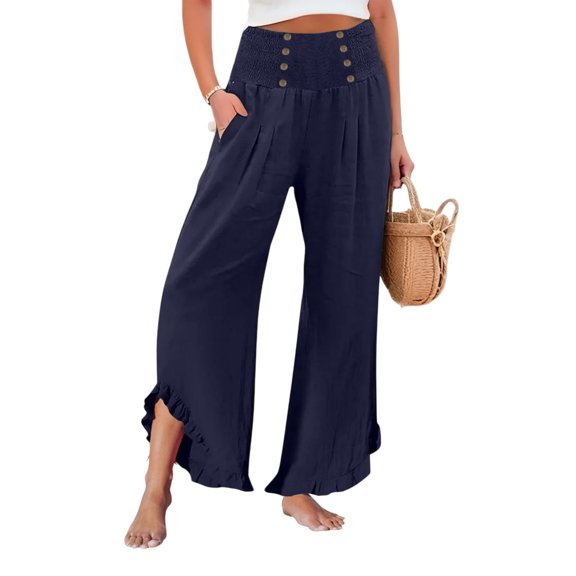 ZSQDM Womens Casual Pants Women Linen Palazzo Pants 2025 Summer High Waisted Wide Leg Pant Pleated Beach Travel Trousers With Pockets
