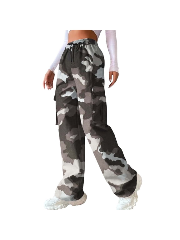 Womens Casual Pants Women's Casual Camouflage Print Cargo Pants Stretch Elastic Waist Tapered Pants With Pockets
