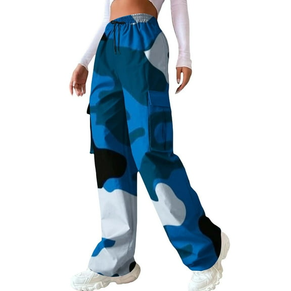 ZSQDM Womens Casual Pants Women's Casual Camouflage Print Cargo Pants Stretch Elastic Waist Tapered Pants With Pockets