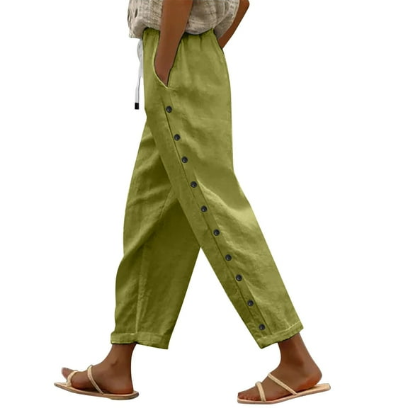 ZSQDM Womens Casual Pants Women's Cotton And Linen Solid Color Elastic Waistband Trousers With Pockets Side Nine Quarter Trousers Loose Casual Trousers
