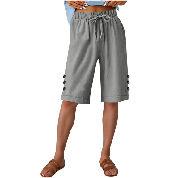 ZSQDM Womens Casual Solid Side Pockets Pants Shorts Elastic Waist Pockets Daily Mid Long Shorts Shorts for women