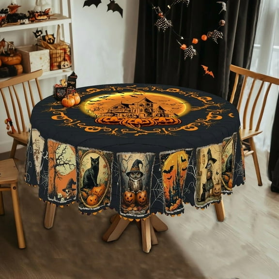 ZSTHI Halloween Decor Printed Round Tablecloth 70in, Day Of The Dead Round Table Cloth, Dining Table Decoration, Pumpkin Bat Witch Ghost Pattern Table Cover, Holiday Party Indoor Dining Decoration