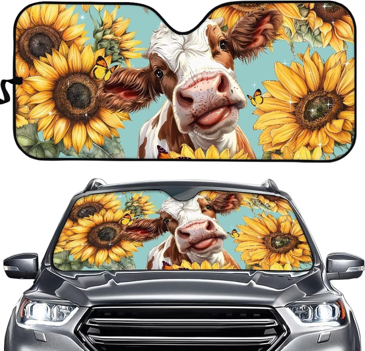 ZSTHI Pink Cow Print Sun Shade for Cars, Trucks, SUV, Accordion Folding