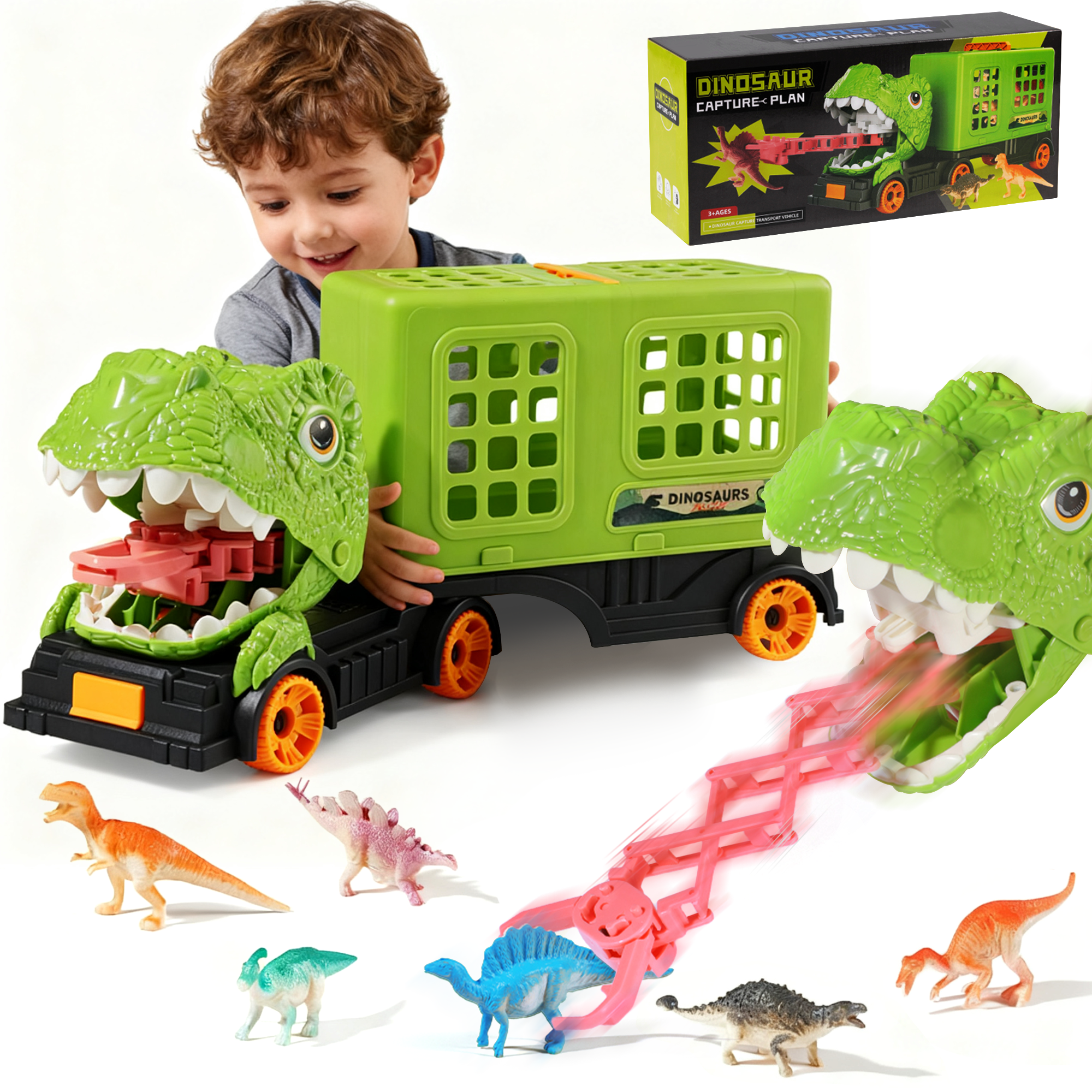 ZSUCC Dinosaur Toy, Dinosaur Transport Truck for Toddlers Boys Ages 3-8, 2 Modes Dinosaur Playset with Small Dinosaurs,  Dinosaur Truck Toys for 3-6 Years Old Boys Girls Gifts