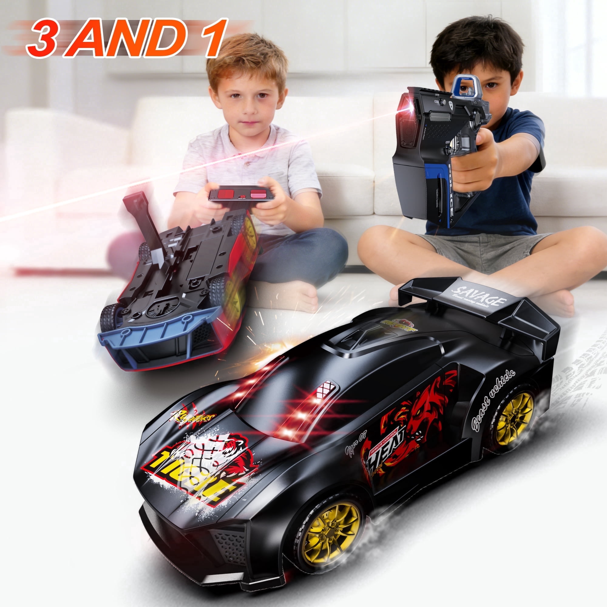 ZSUCC Battle RC Cars Stunt Racing Set, 3 IN 1 4WD Drift Car Toy for Kids Ages 6-12, Dual Controller, & Interactive Combat Game, Parent-Child Sensor Chase Toy for Kids Ages 6+ (Black)