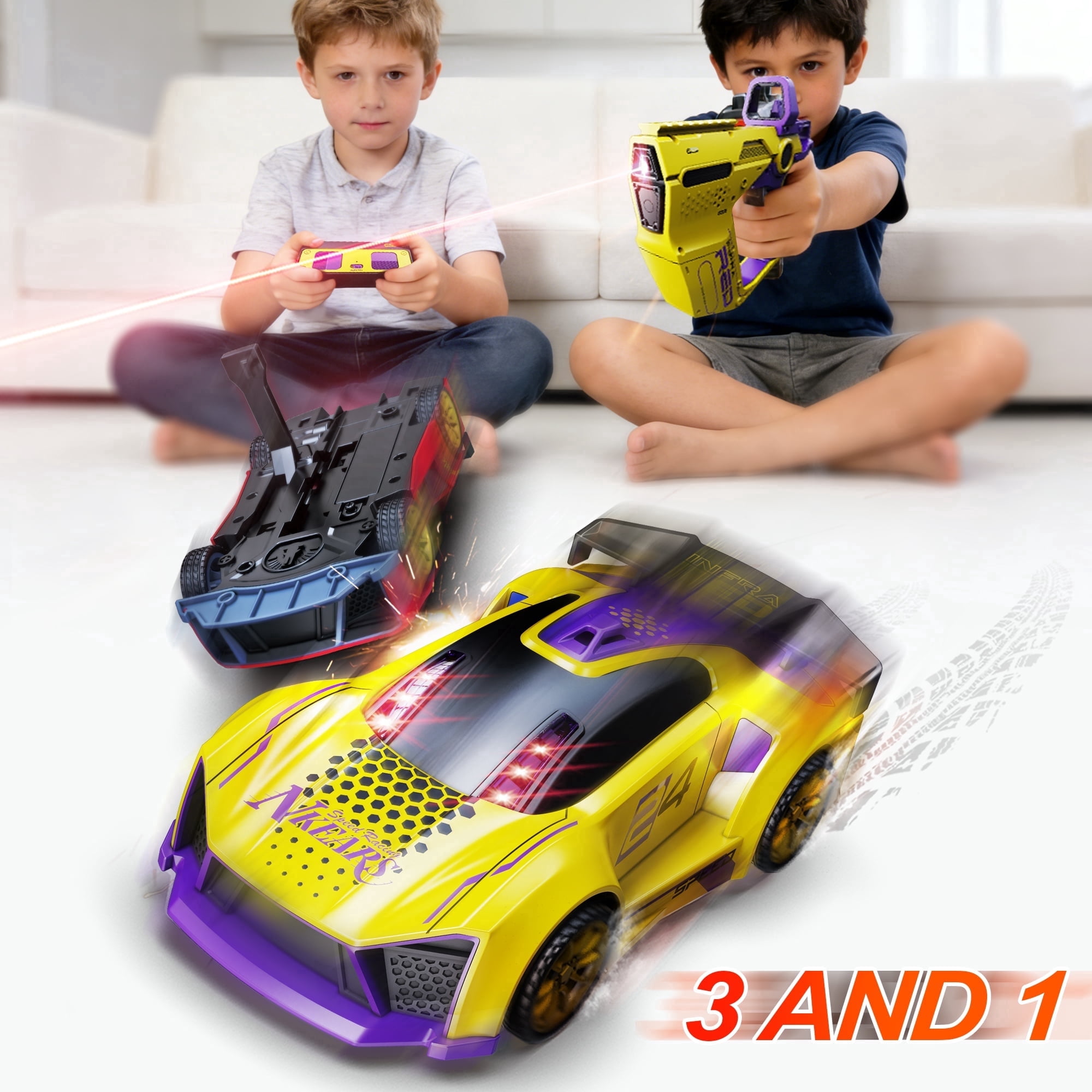 ZSUCC Battle RC Cars Stunt Racing Set, 3 IN 1 4WD Drift Car Toy for Kids Ages 6-12, Dual Controller, & Interactive Combat Game, Parent-Child Sensor Chase Toy for Kids Ages 6+ (Yellow)