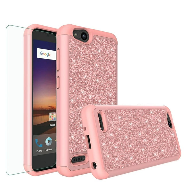 ZTE ZFive G LTE Z557BL / ZTE ZFive C Z558VL / ZTE Avid 4 /ZTE Fanfare 3 /ZTE Blade Vantage / ZTE Tempo X /ZTE Tempo Go Glitter Bling Hybrid Case with [HD Screen Protector] Phone Case Cover - Rose Gold