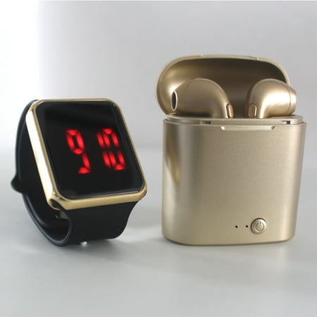 Ztech Unisex LED Touch Watch and Wireless Headphones with Portable Charging Case Set - Black Watch strap with Gold watch case and earbuds