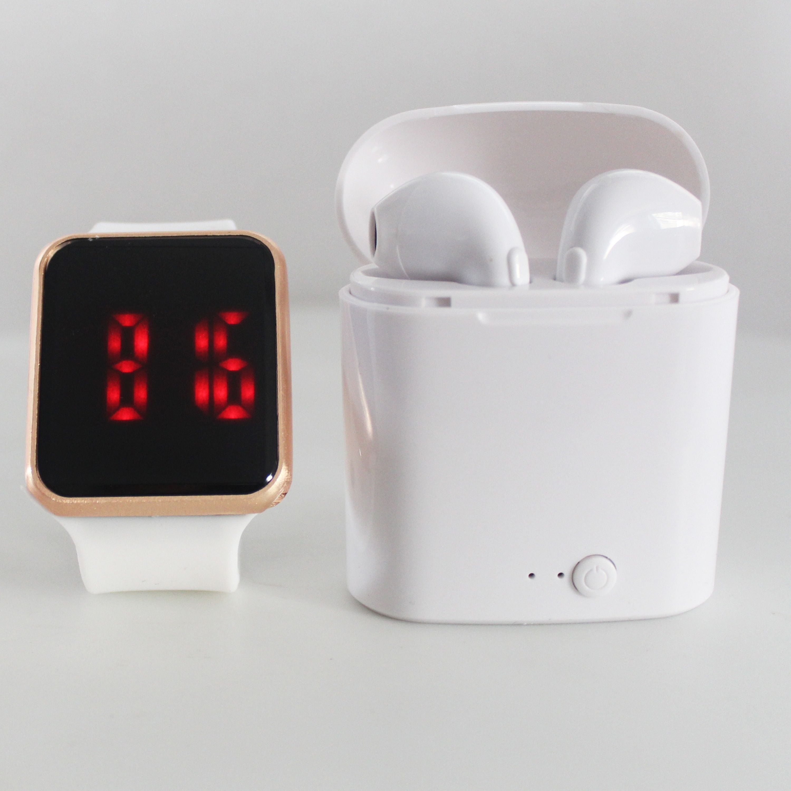 Ztech LED Touch Watch and Wireless Headphones with Portable Charging Case Set, Size: Regular. Color: White