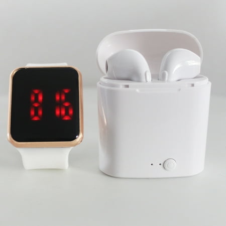 Ztech LED Touch Watch and Wireless Headphones with Portable Charging Case Set, Size: Regular. Color: White