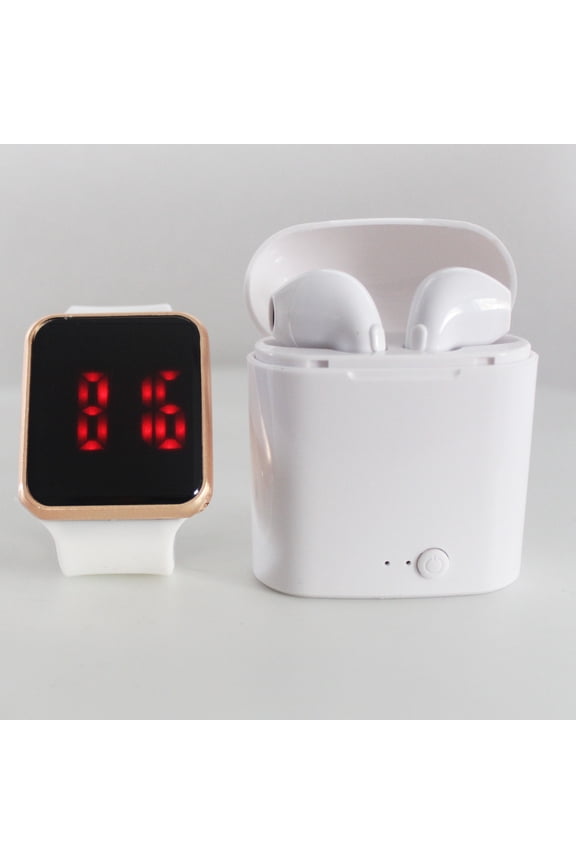 Unisex LED Touch Watch and Wireless Headphones with Portable Charging Case Set - White watch strap with Rose Gold watch case and White earbuds (ZTSET-5)