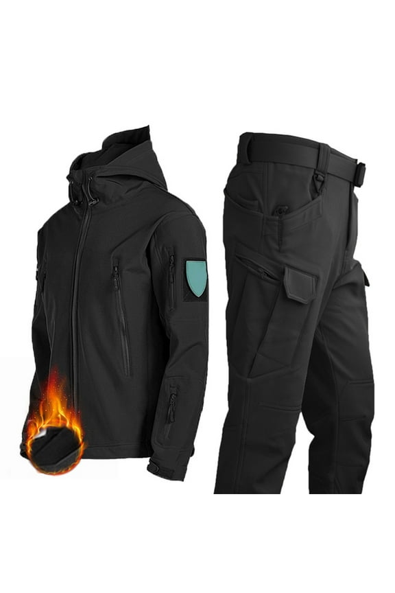 2Pcs/Set Men Thermal Jacket Pants Waterproof Fleece Lined Coldproof Outfit Winter Thicken Hooded Tracksuits Set for Hiking Hunting