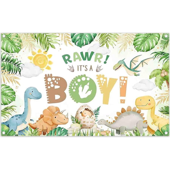 ZTHMOE Fabric 72x43inch Dinosaur It's a Boy Backdrop Baby Shower Cartoon Egg Jungle Tropical Palm Leaves Photography Background Kids Newborn Party Decorations Photo Banner