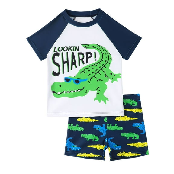 ZTKWD 2pc Boys' Short Sleeve Rashguard Swim Shirt Swim Trunks Swimwear Sets Dinosaur Beach