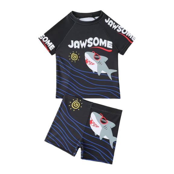 ZTKWD 2pc Boys' Short Sleeve Rashguard Swim Shirt Swim Trunks Swimwear Sets Dinosaur Pool