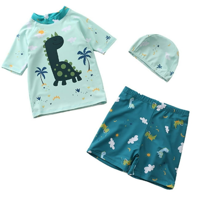 ZTKWD Boys 3 Piece Rash Guard Swimsuits Sets with Boxer Brief Swimwear Dinosaur
