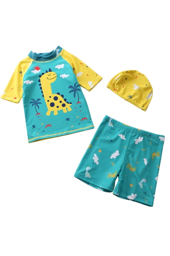 Little Boys Pullover Rash Guard and Swim Trunks Outfit Set Cool Dinosaur Shark