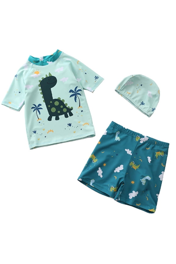 Little Boys Pullover Rash Guard and Swim Trunks Outfit Set Cool Dinosaur Shark