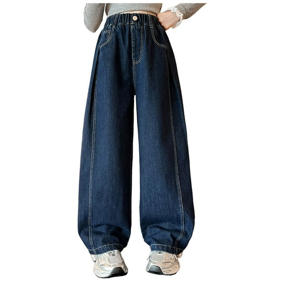 ZTKWD Girls Wide Leg Jeans Elastic Waist Pants Baggy Denim for Girls 5-14 Years