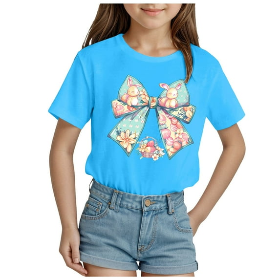 ZTKWD Girls Pleated T Shirts Kids Summer Short Sleeve Fashion Tops Tees 2-14 years Easter bow