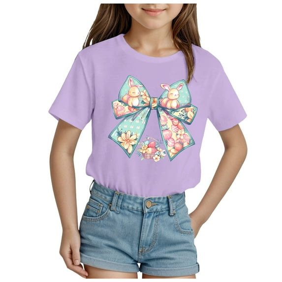 ZTKWD Girls Tops Fashionable Short Sleeve T-Shirt Casual Daily Shirt for Kids Assorted Colors 5-14 Years Easter bow