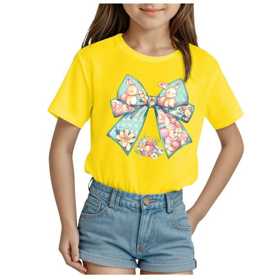 ZTKWD Girls Tops Fashionable Short Sleeve T-Shirt Casual Daily Shirt for Kids Assorted Colors 5-14 Years Easter bow